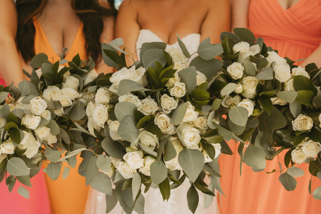 white and green wedding florals