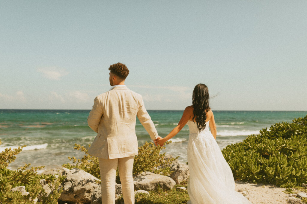 bride and groom on beach in Mexico at destination wedding