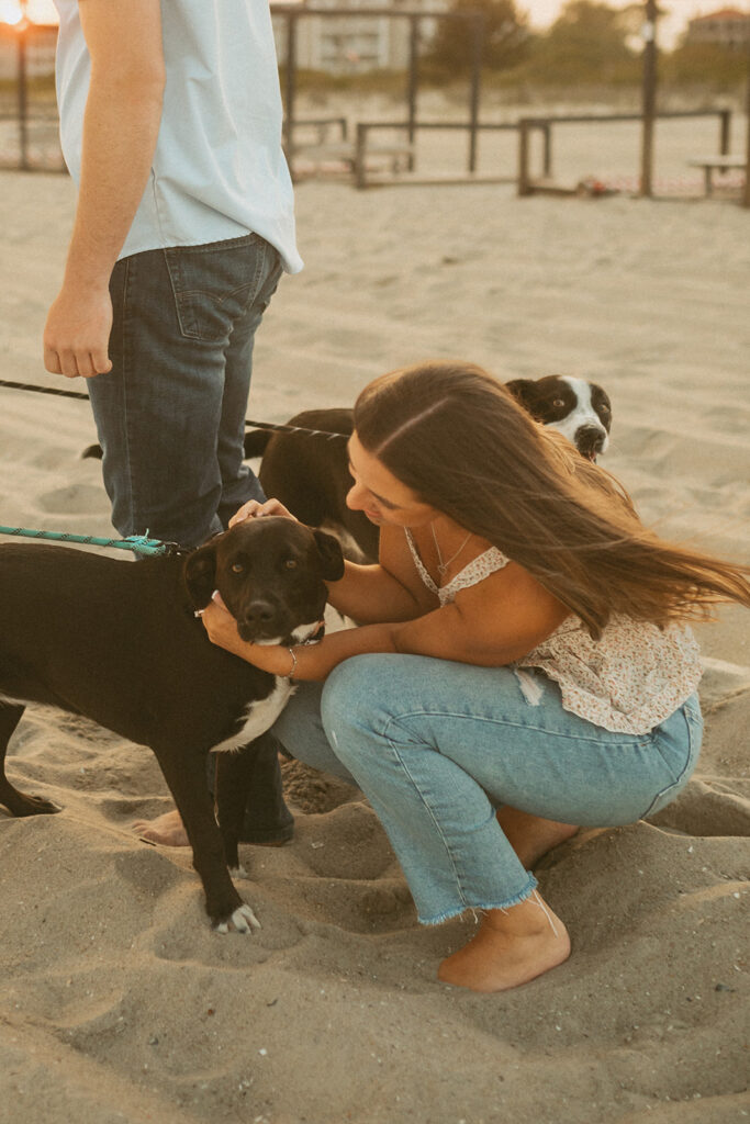 Cape May New Jersey beach engagement photos couple in the sand with their dogs